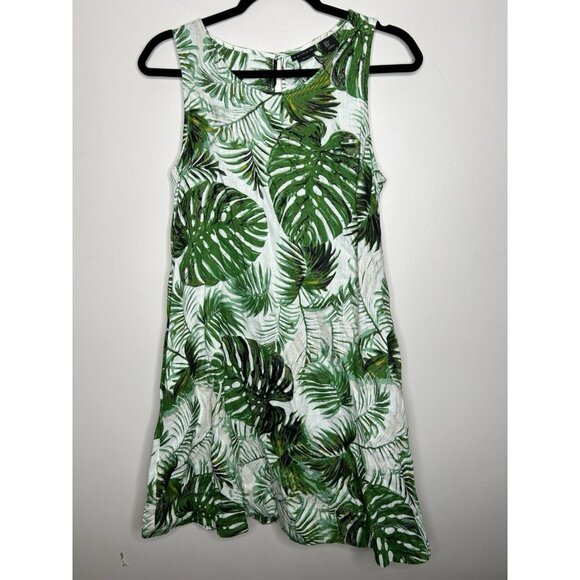 Tahari 100% Linen Tropical Palms Sleeveless Shirt Dress Pockets Size Small - Picture 1 of 8